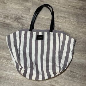 Victoria's Secret Striped Canvas Tote Bag Large Gray White Travel‎ Beach